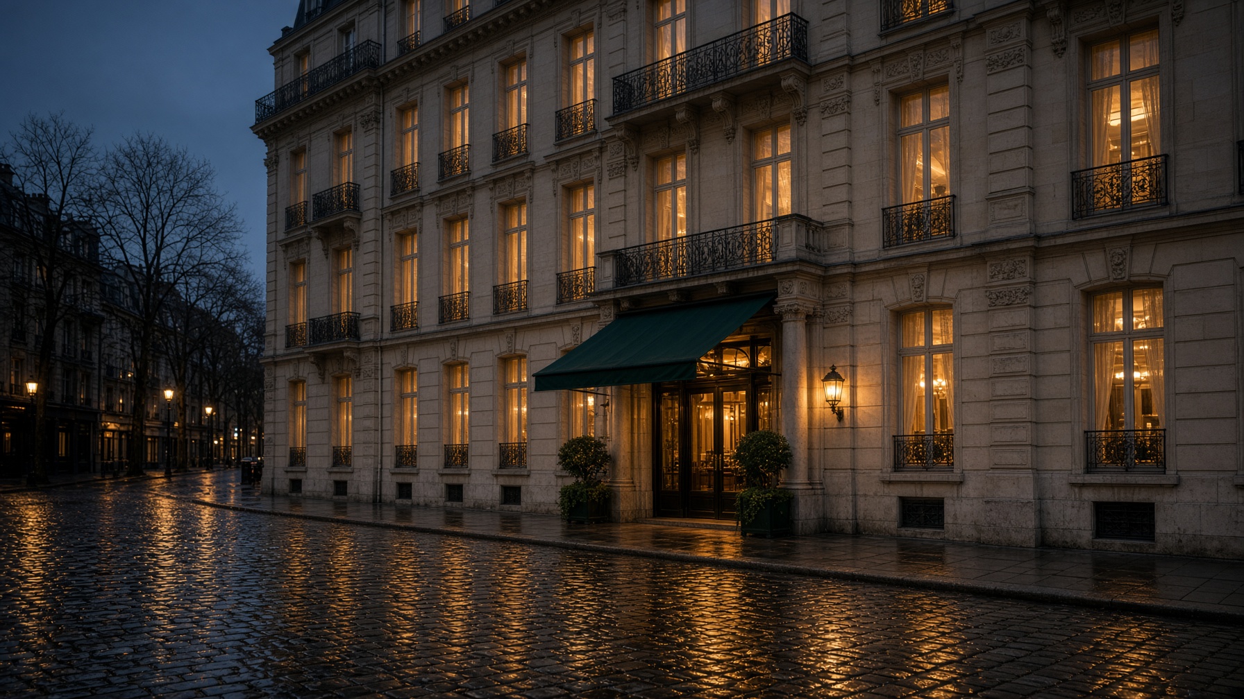 Façade d’un hôtel européen au crépuscule